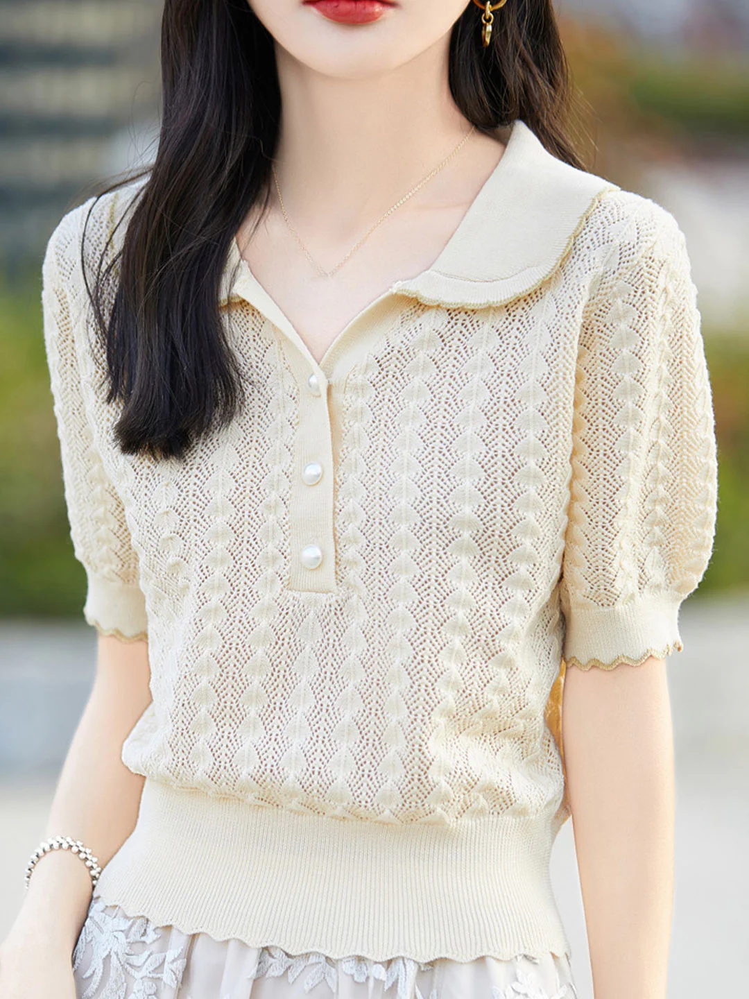 POLO Collar Hollow Short Sleeves -Pink