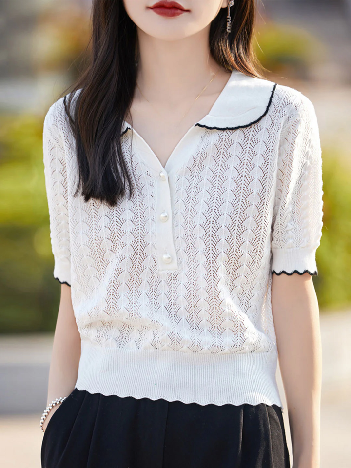 POLO Collar Hollow Short Sleeves -Pink