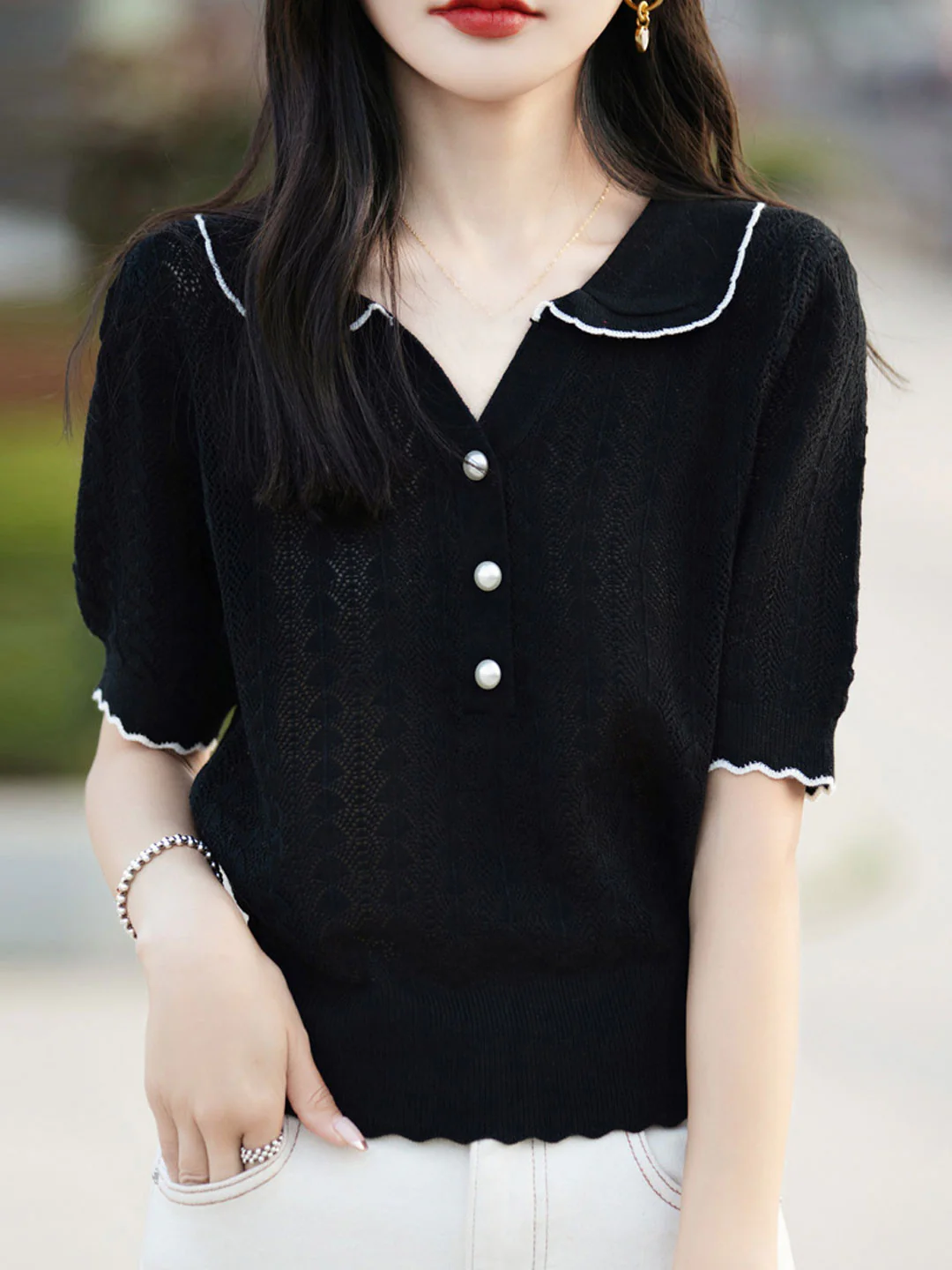 POLO Collar Hollow Short Sleeves -Pink