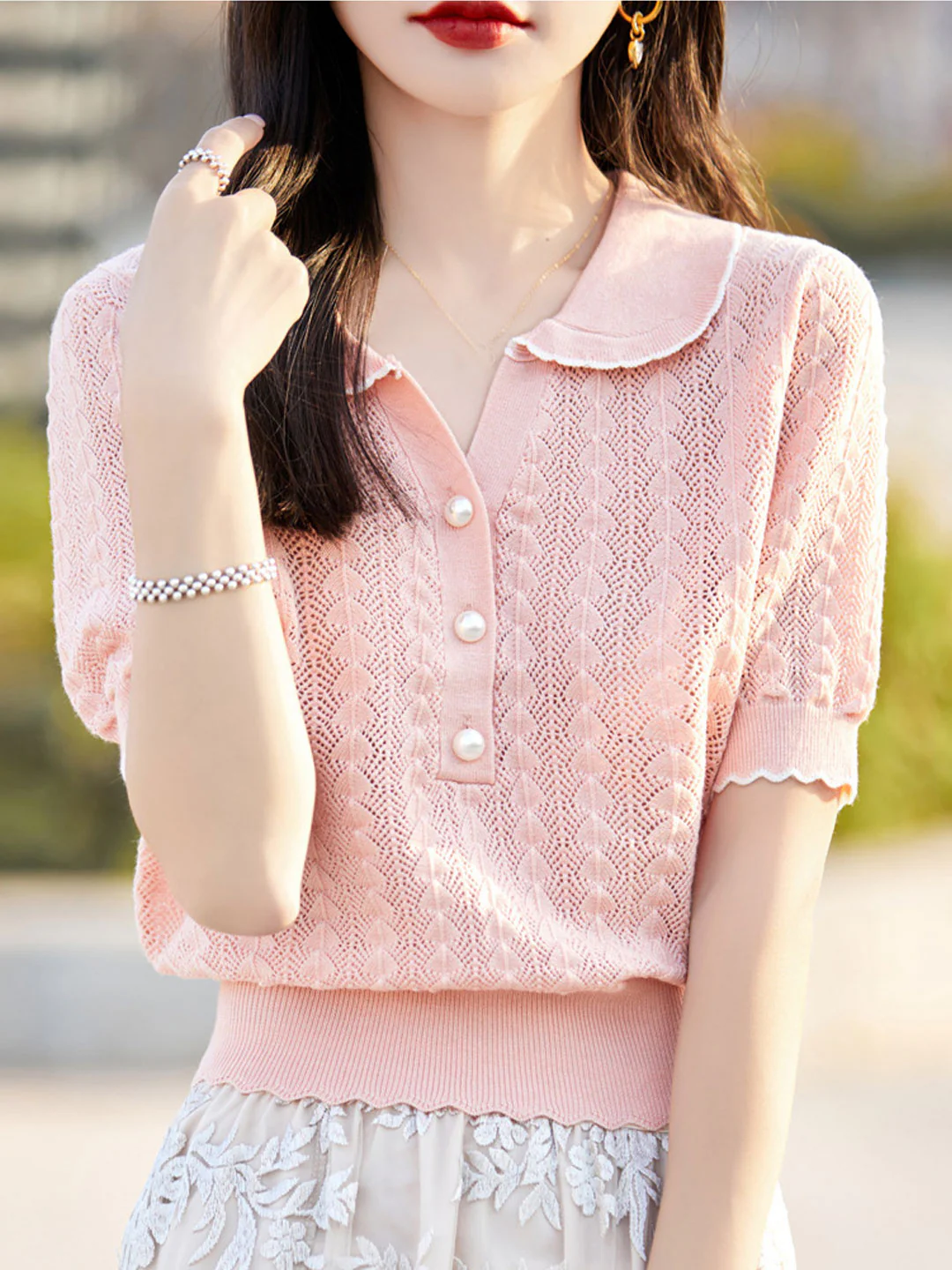POLO Collar Hollow Short Sleeves -Yellow