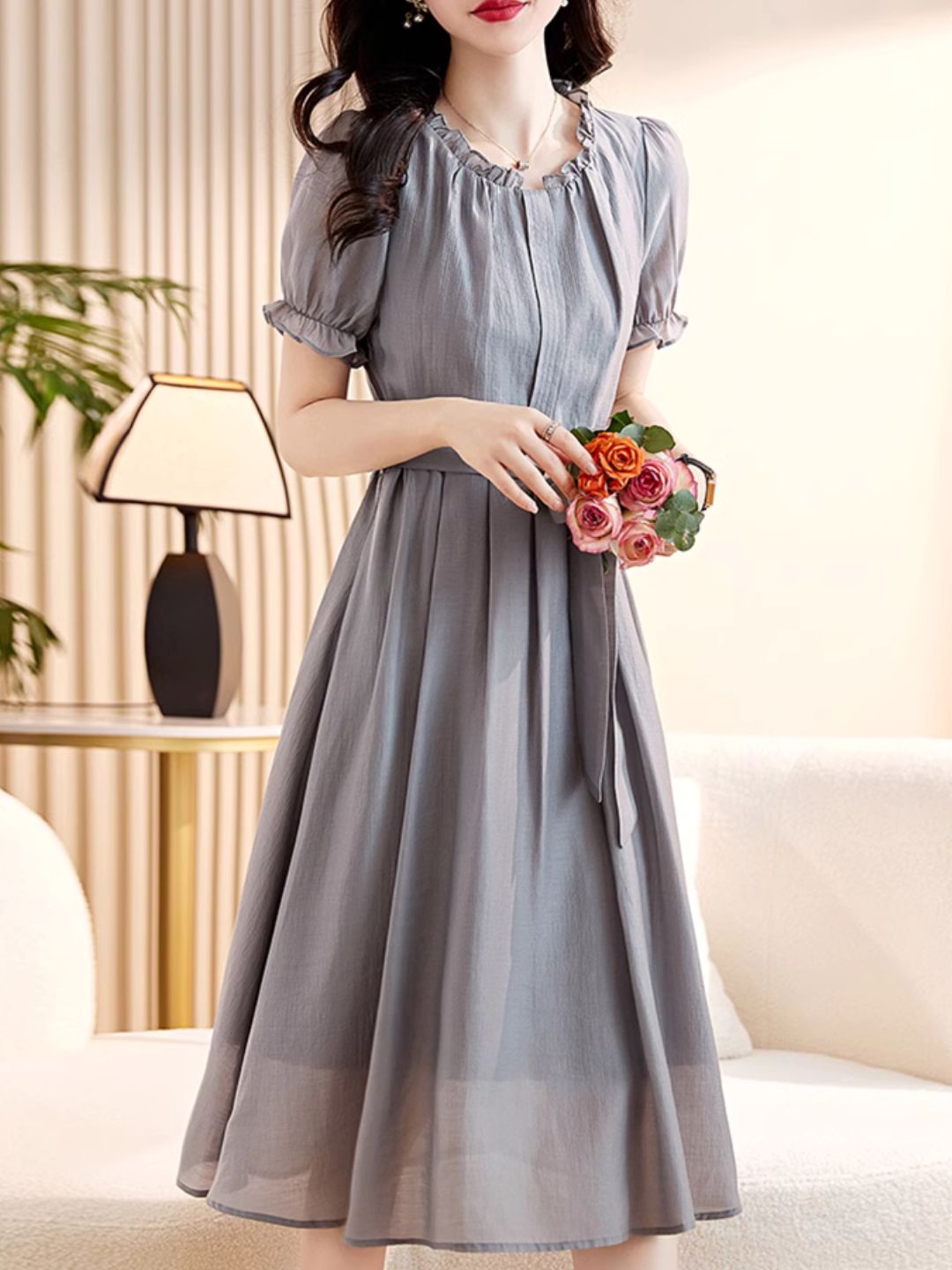 Elegant Slim Waist Dress - Black
