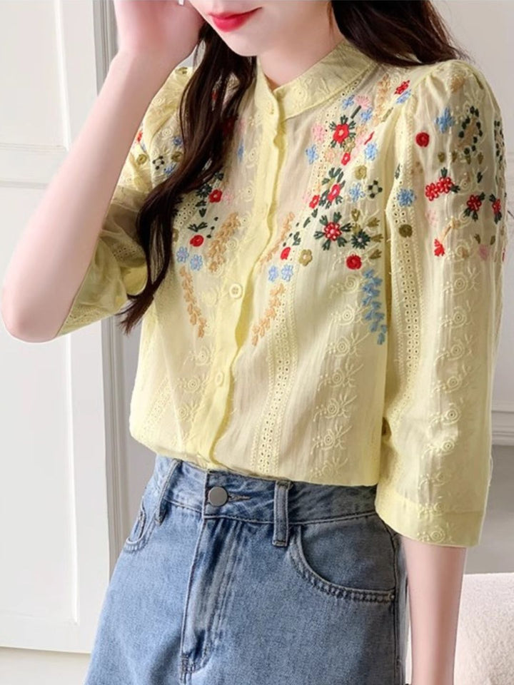 Embroidered Jacquard Stand Collar Shirt