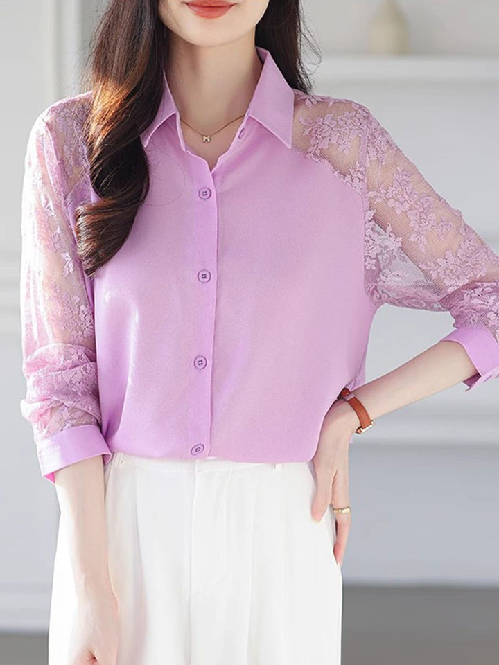 Lace Loose Lapel Chiffon Shirt - Red