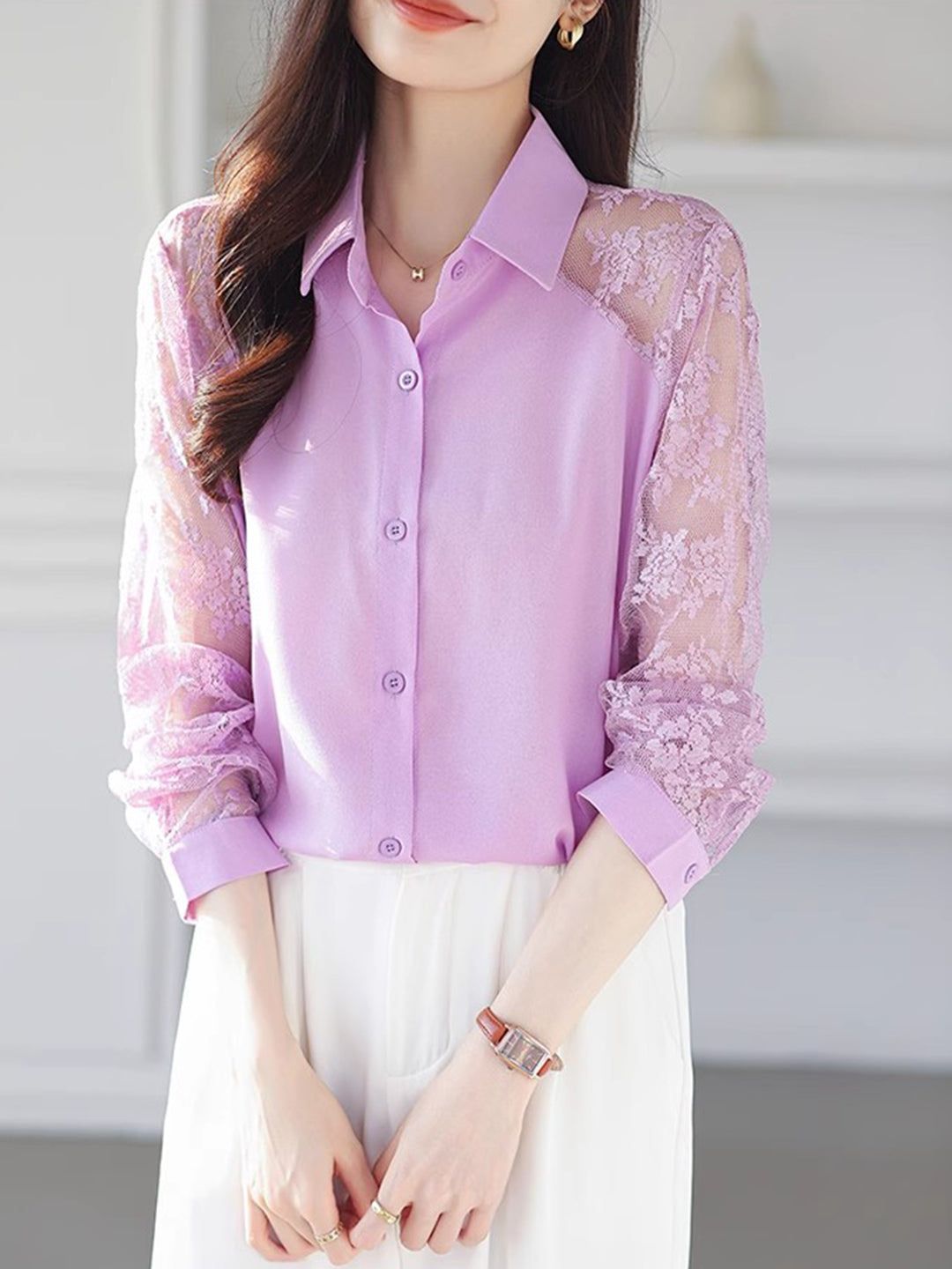 Lace Loose Lapel Chiffon Shirt - Red