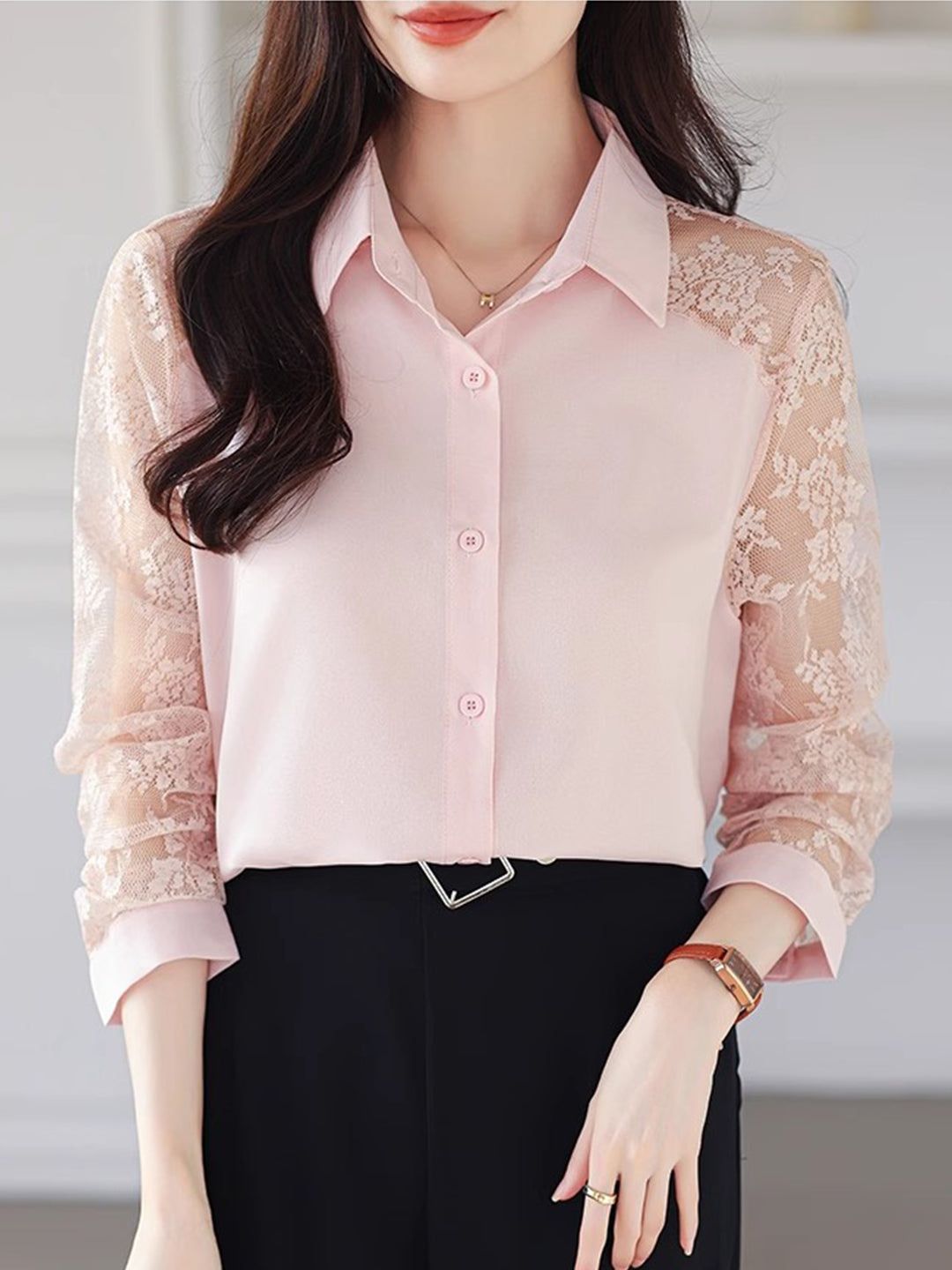 Lace Loose Lapel Chiffon Shirt - Red