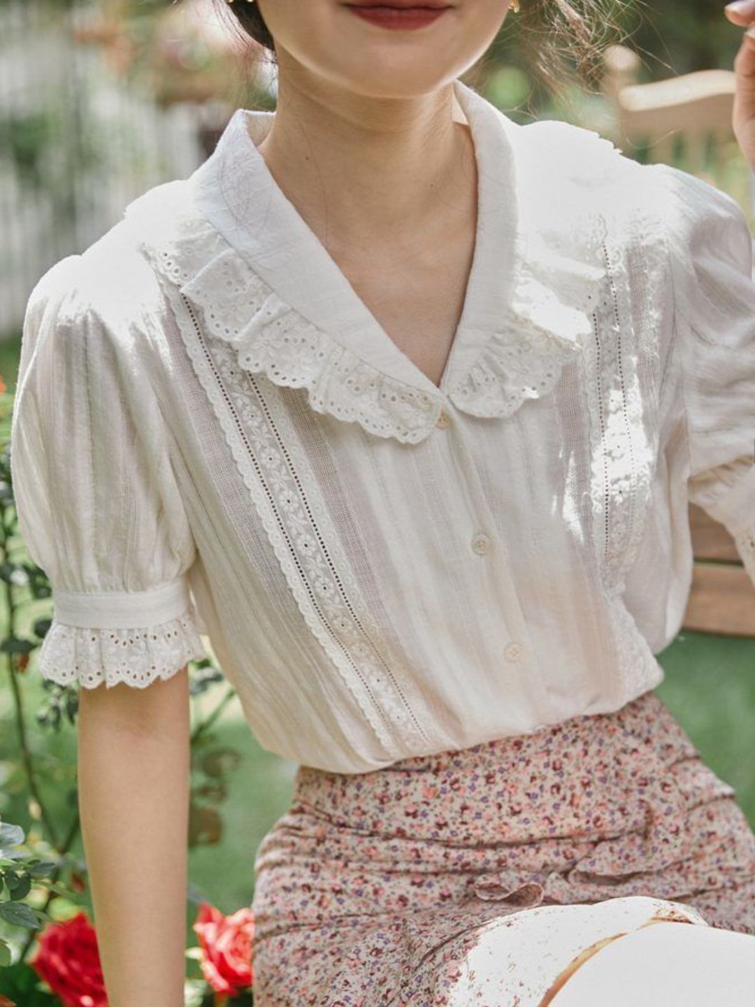 Lace Lapel Short Sleeve Shirt