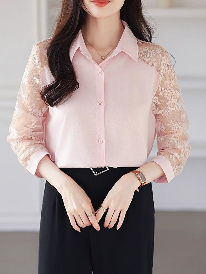 Lace Loose Lapel Chiffon Shirt - Red