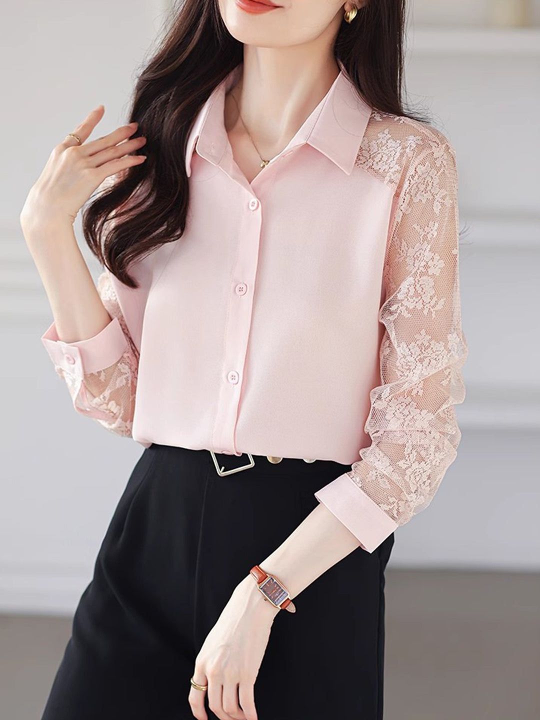 Lace Loose Lapel Chiffon Shirt - Red