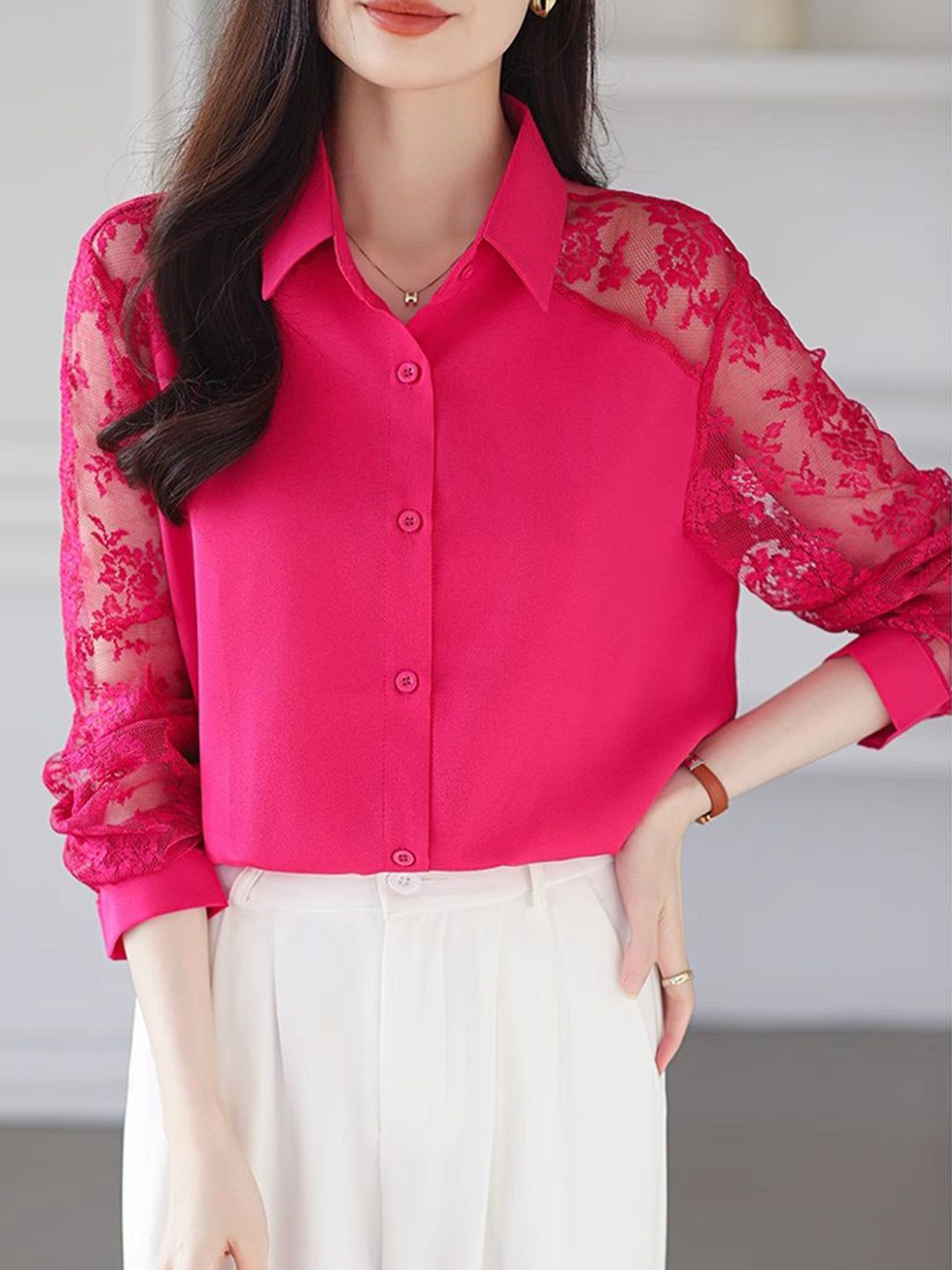Lace Loose Lapel Chiffon Shirt - Red