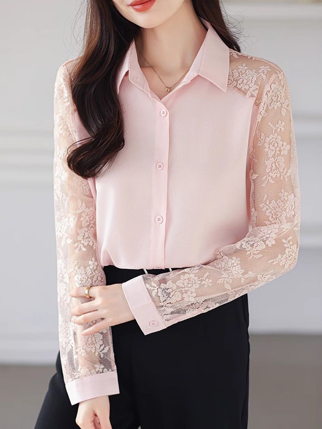 Lace Loose Lapel Chiffon Shirt - Red