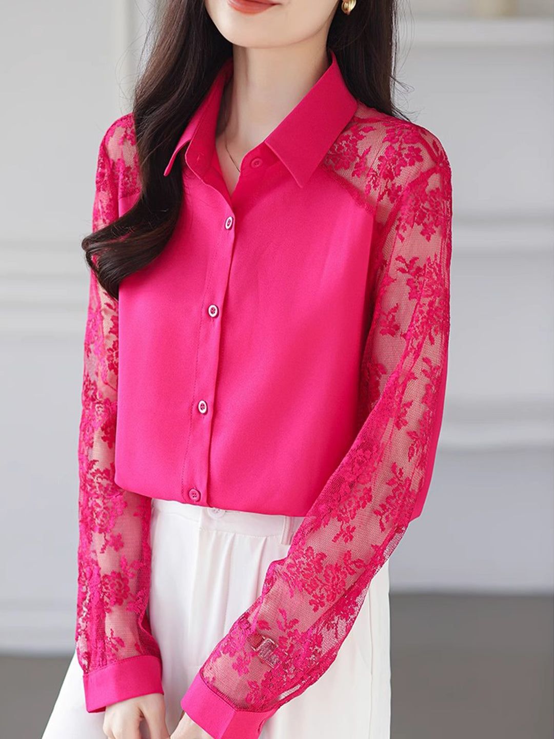 Lace Loose Lapel Chiffon Shirt - Red