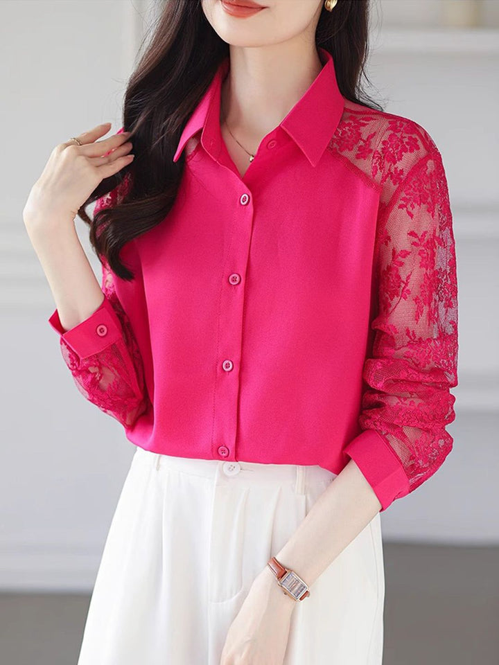 Lace Loose Lapel Chiffon Shirt - Red