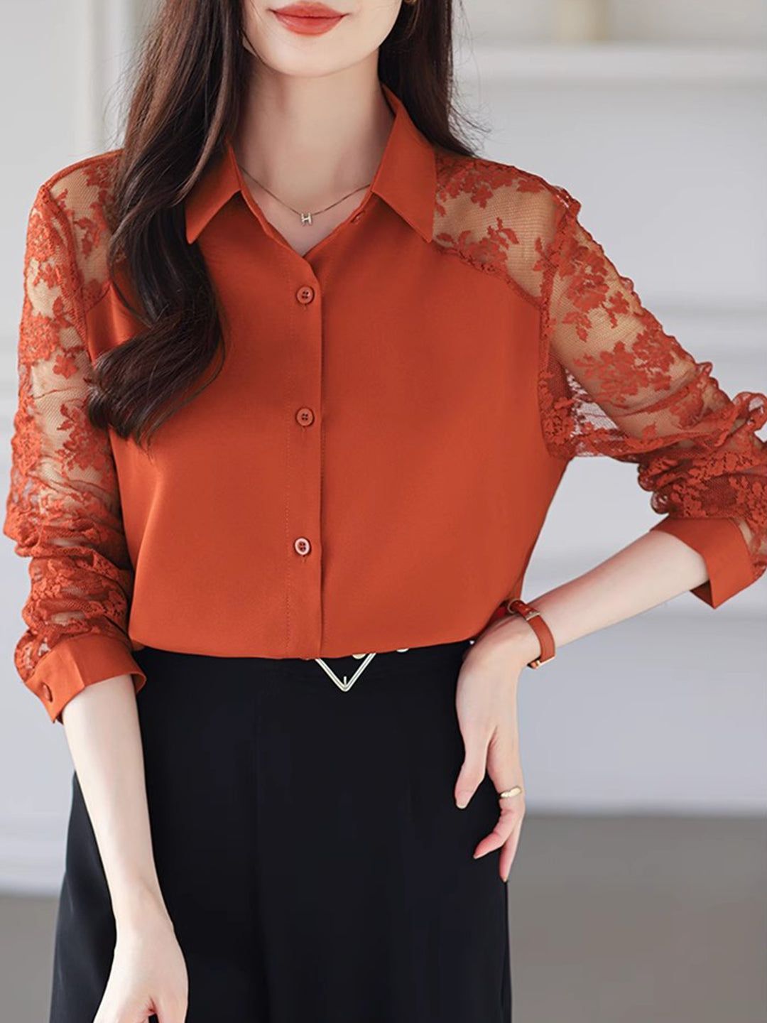 Lace Loose Lapel Chiffon Shirt - Red