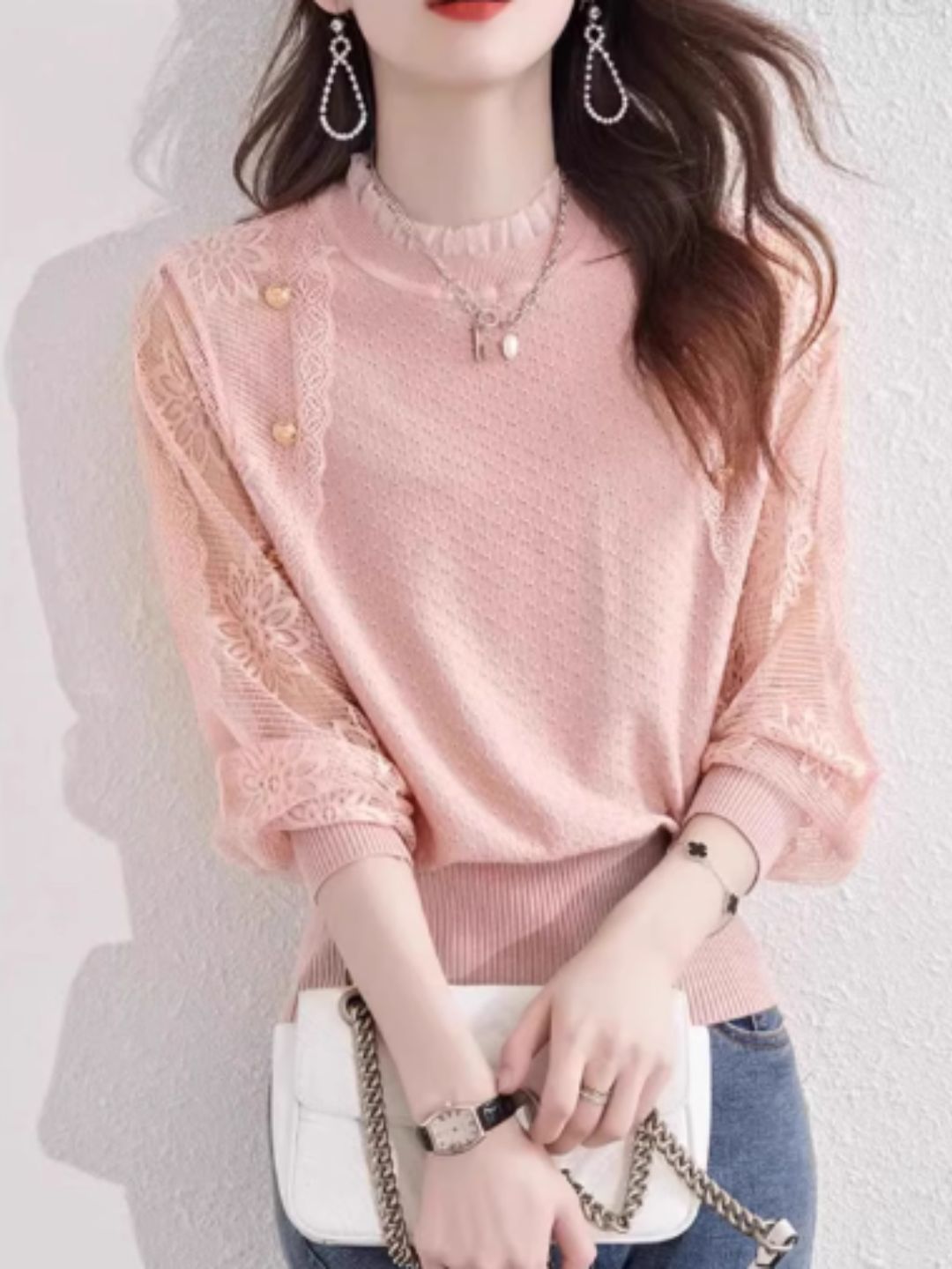 Chic Thin Lace Knitted Bottoming Sweater - Green