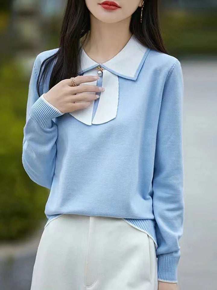 Doll Collar Bow Colorblock Knitted Top