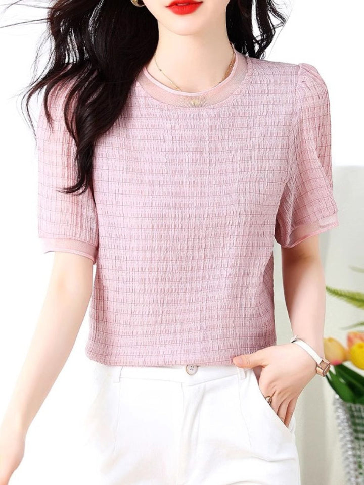 Round Neck Plaid Chiffon Shirt