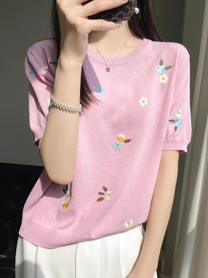 Crew Neck Embroidered Knitted Short Sleeves - Blue