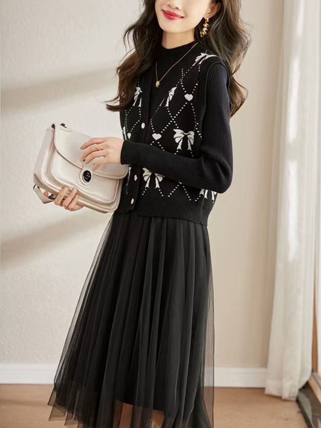 Fashion Knitted Two-piece Dress - Black