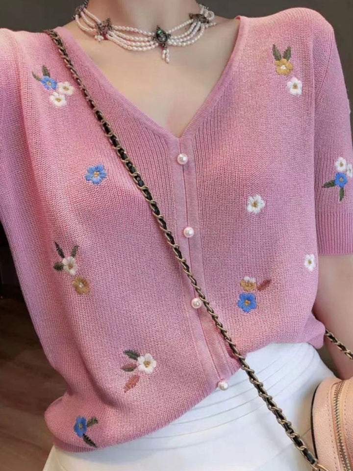 Embroidered Flower Knitted V-neck T-shirt - Green