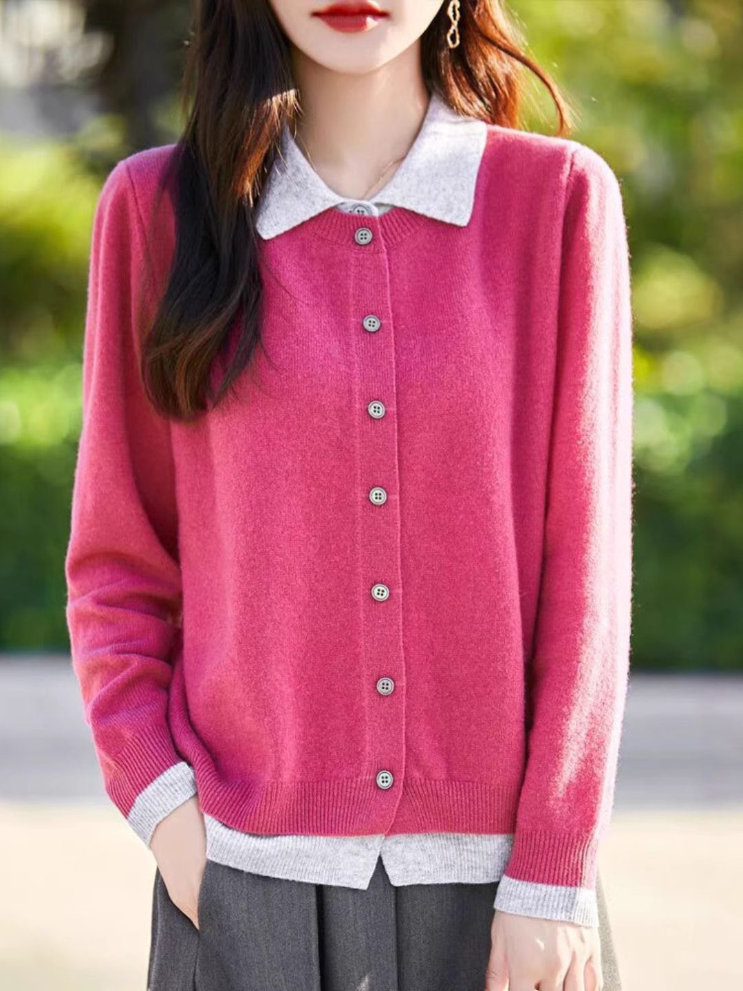 Casual Lapel Colorblock Knit Cardigan Set - Red