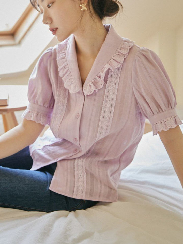 Lace Lapel Short Sleeve Shirt - Purple