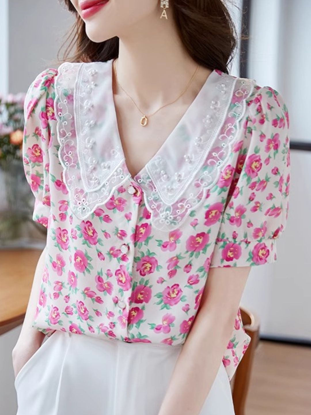 Classic Floral Printed Beaded Chiffon Shirt -Blue
