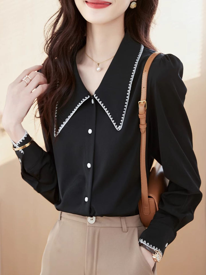 Lapel Chiffon Shirt - Black