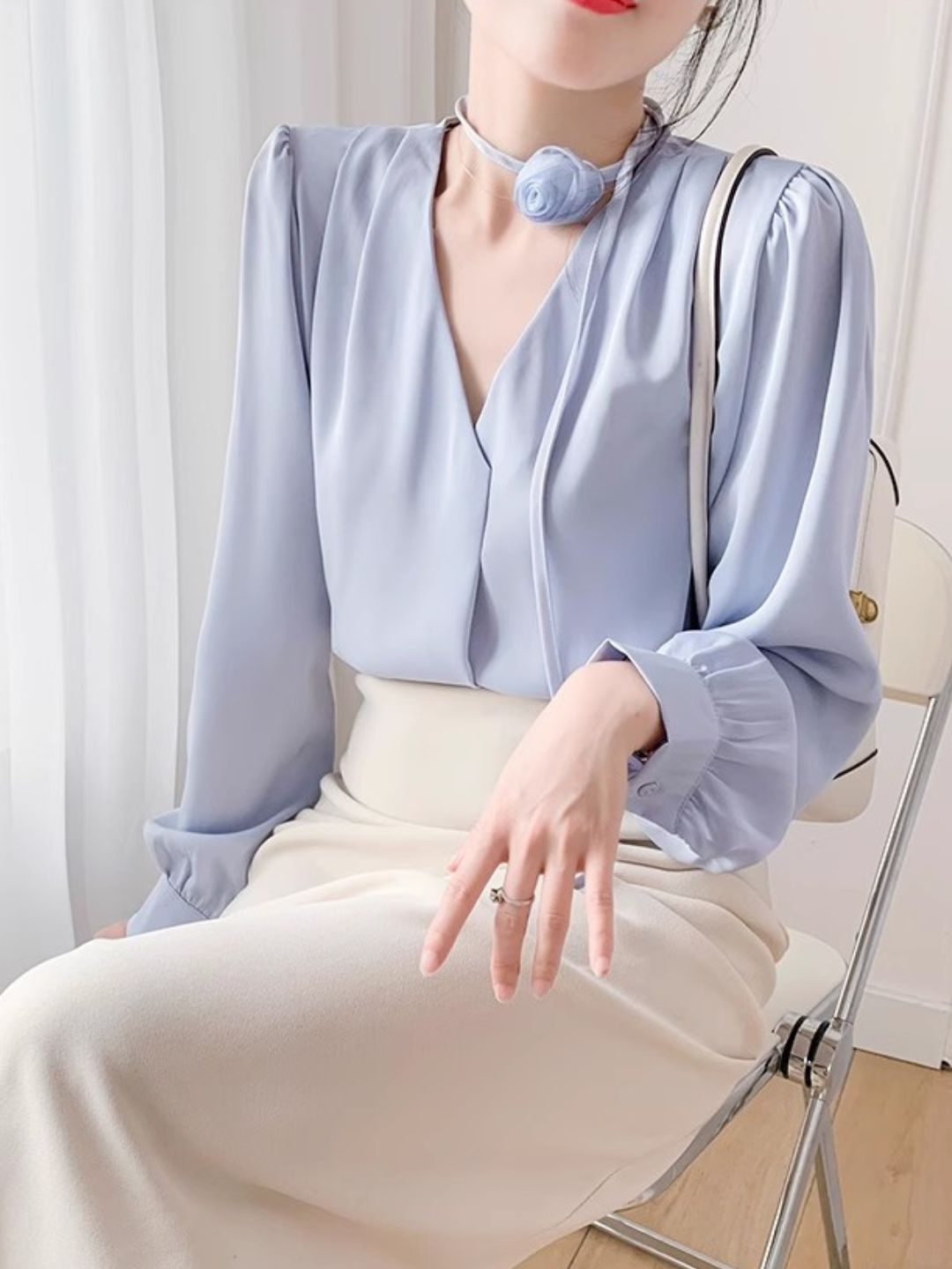 Gentle Style Rose Halter Neck Chiffon Shirt - Blue