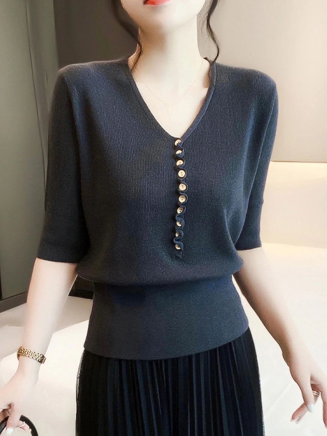 Loose V-Neck Button Knitted Top - Orange