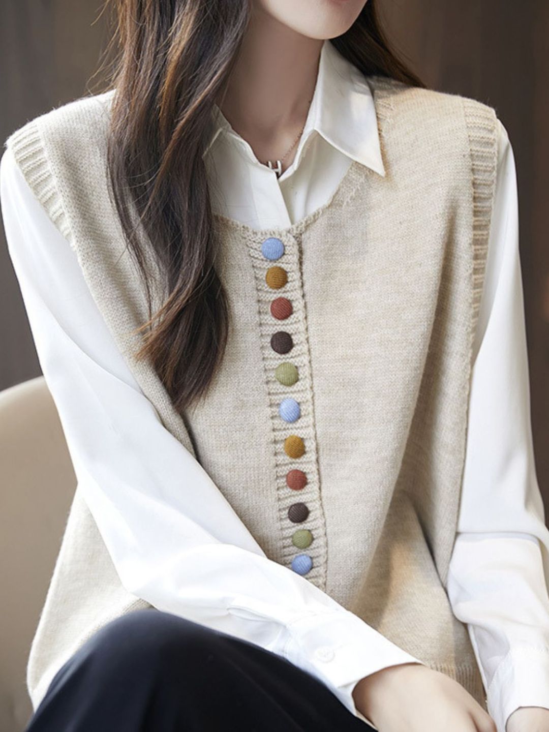 Rainbow Button Knit Vest - Red