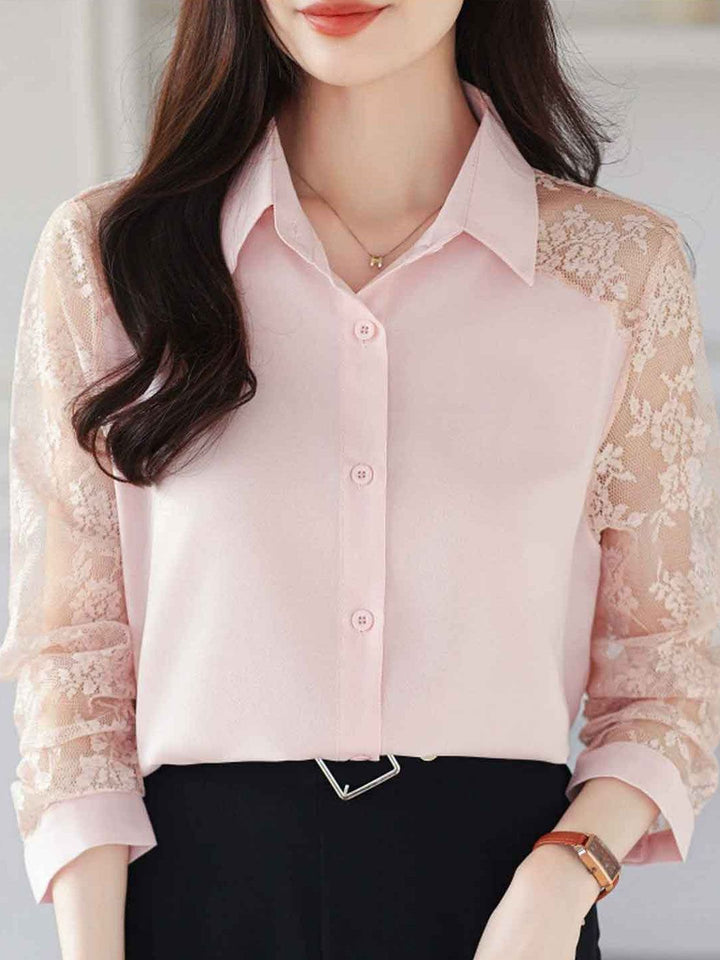 Lace Loose Lapel Chiffon Shirt - Red