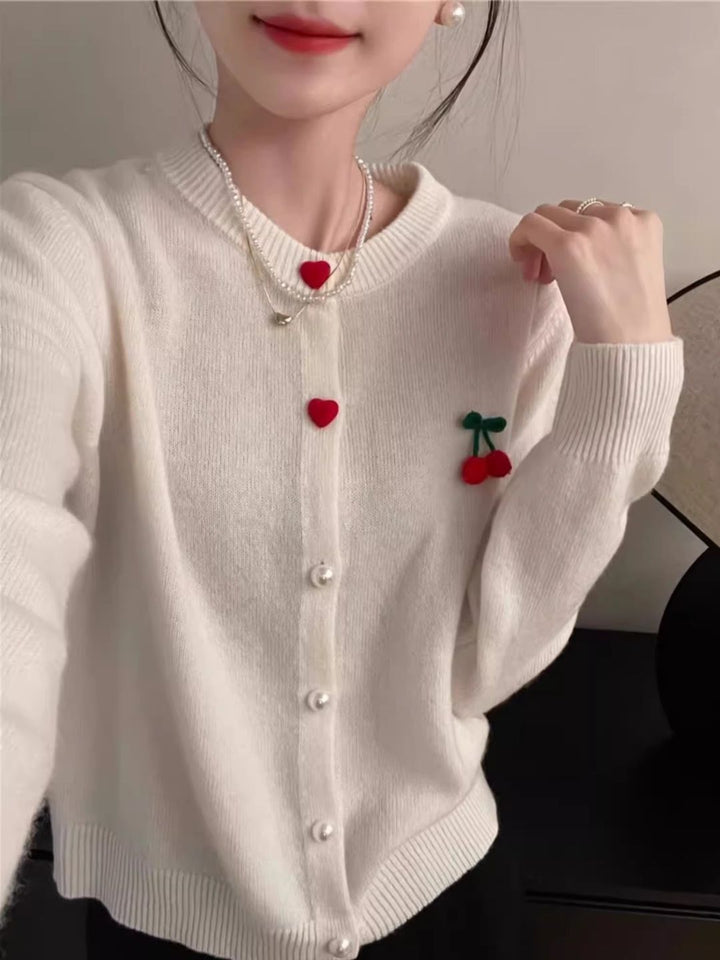 Round Neck Heart Single Breasted Knitted Cardigan -Red