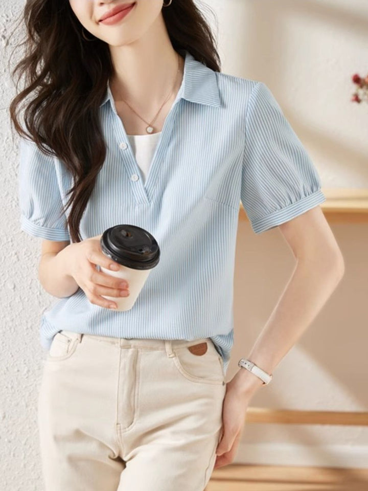 Striped Short-sleeved Lapel Shirt