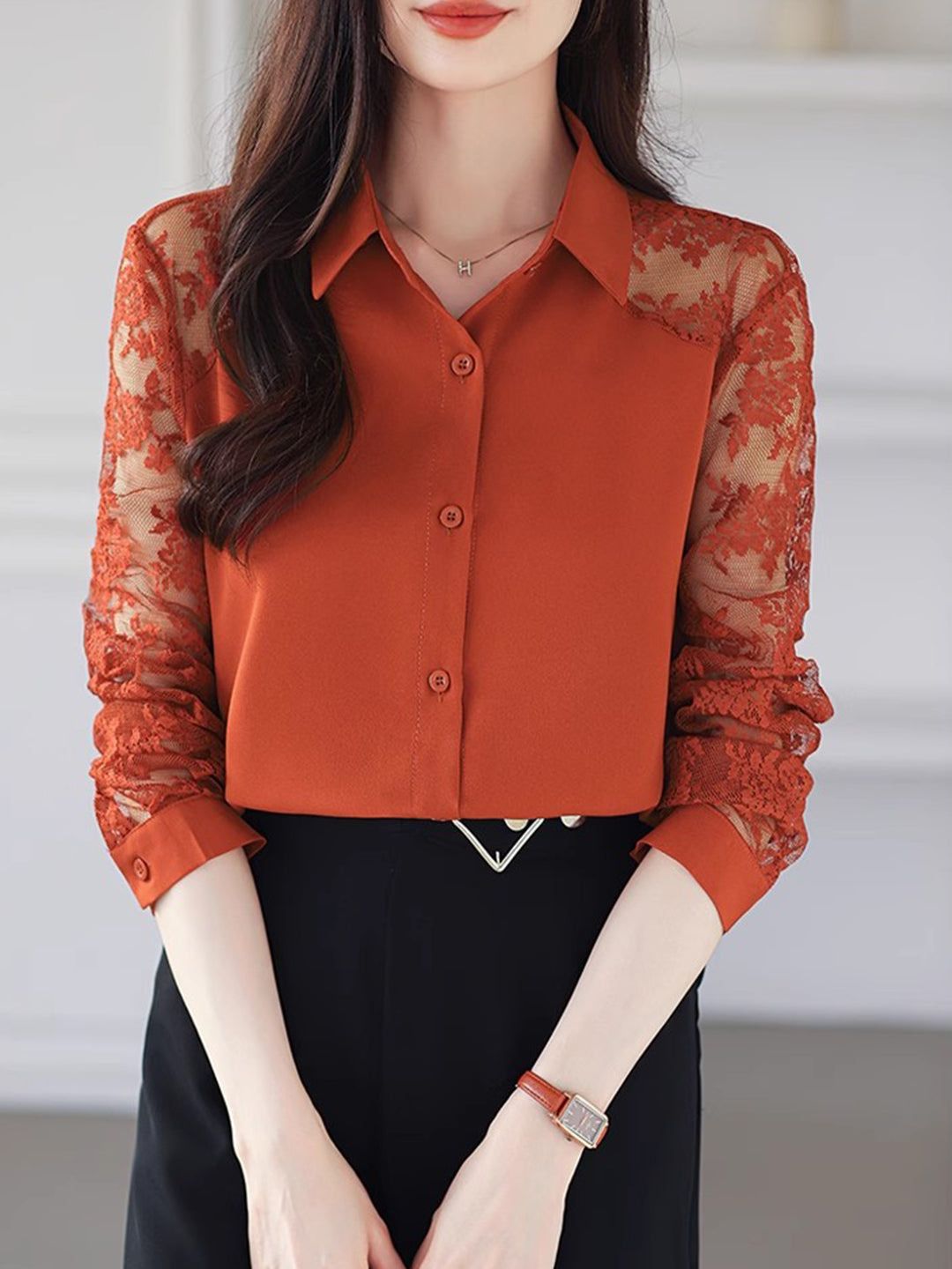 Lace Loose Lapel Chiffon Shirt - Red