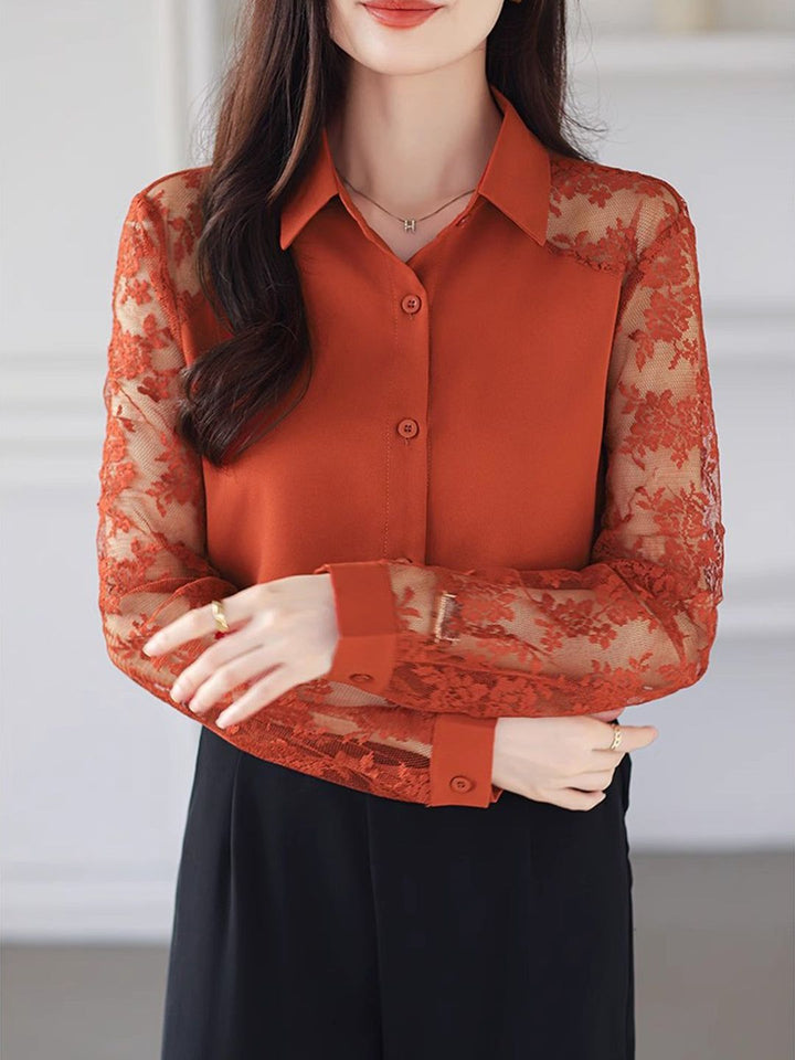 Lace Loose Lapel Chiffon Shirt - Red