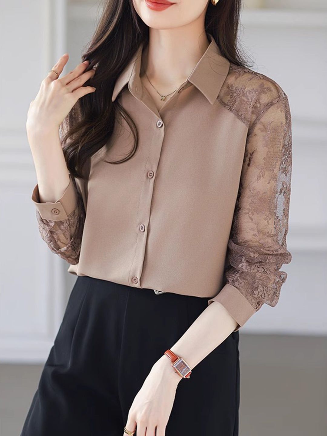 Lace Loose Lapel Chiffon Shirt - Red