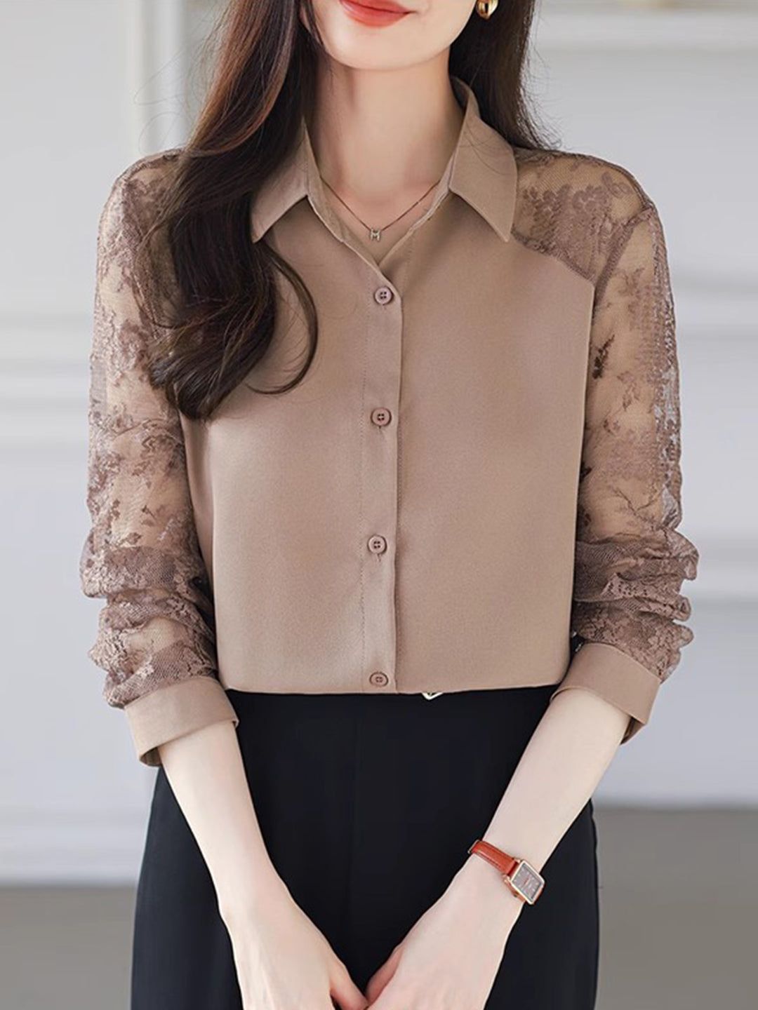 Lace Loose Lapel Chiffon Shirt - Red