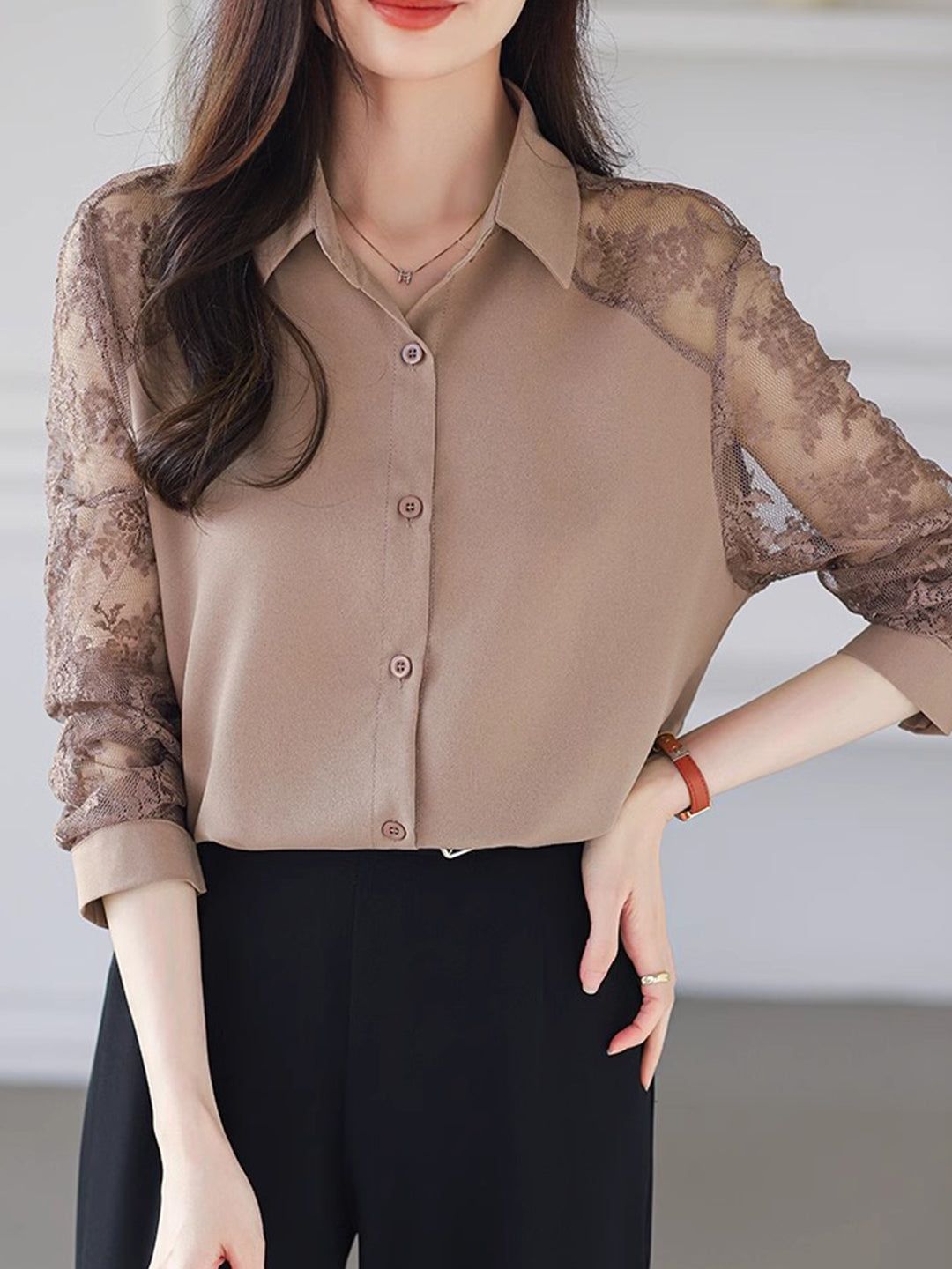 Lace Loose Lapel Chiffon Shirt - Red