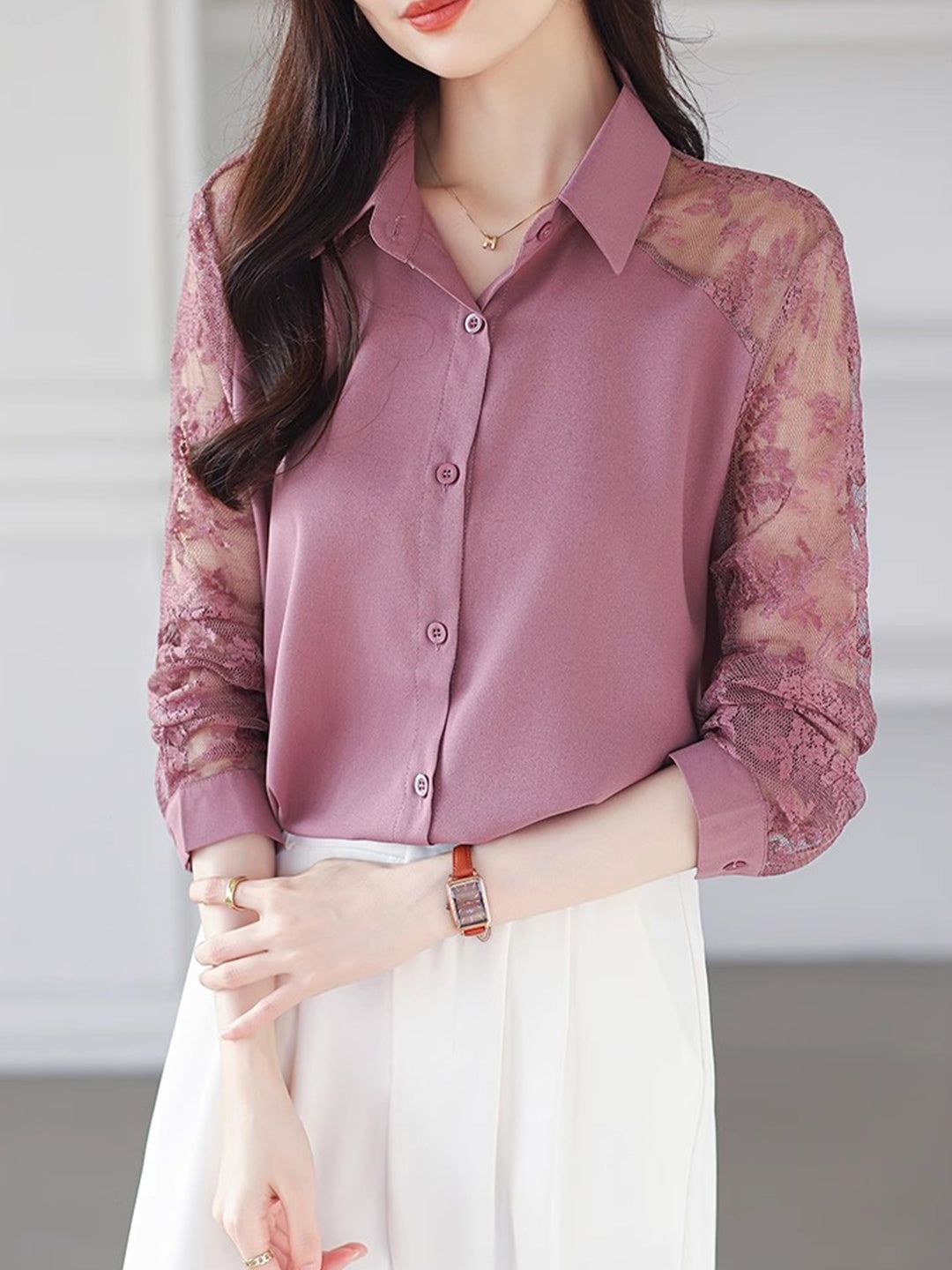 Lace Loose Lapel Chiffon Shirt - Red