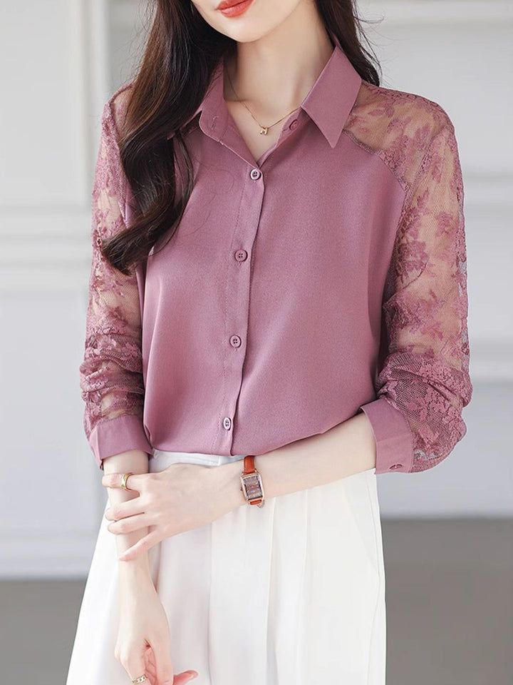 Lace Loose Lapel Chiffon Shirt - Red
