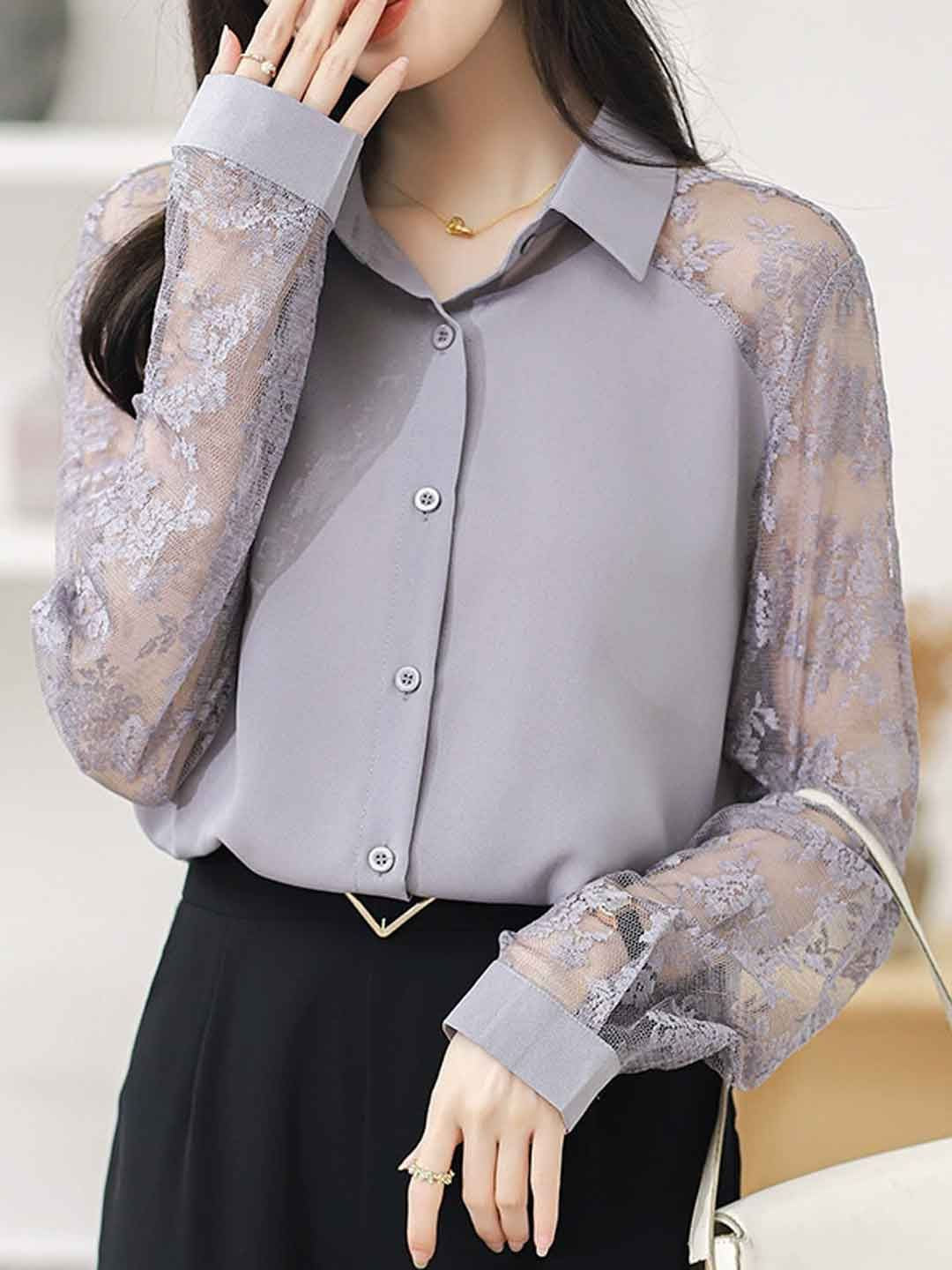 Lace Loose Lapel Chiffon Shirt - Red
