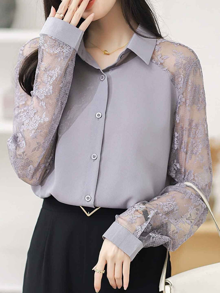 Lace Loose Lapel Chiffon Shirt - Red