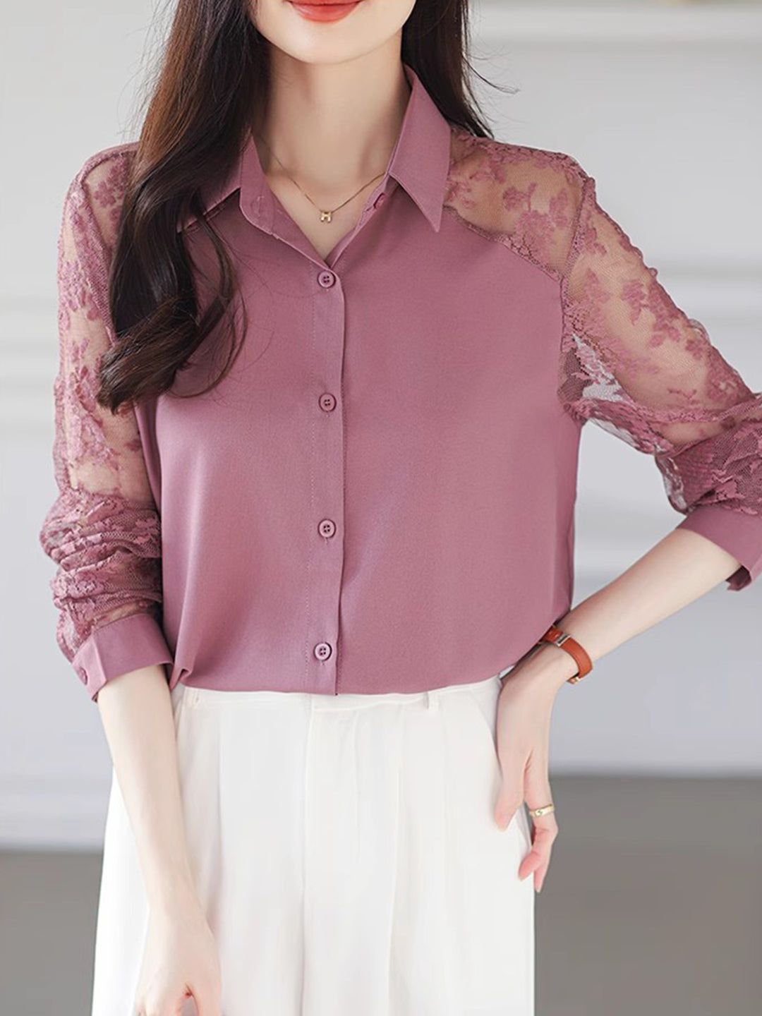 Lace Loose Lapel Chiffon Shirt - Red
