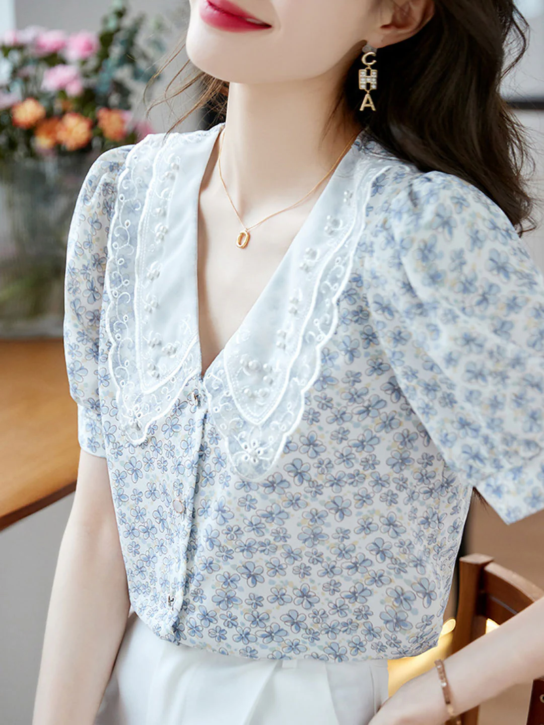 Classic Floral Printed Beaded Chiffon Shirt -Blue