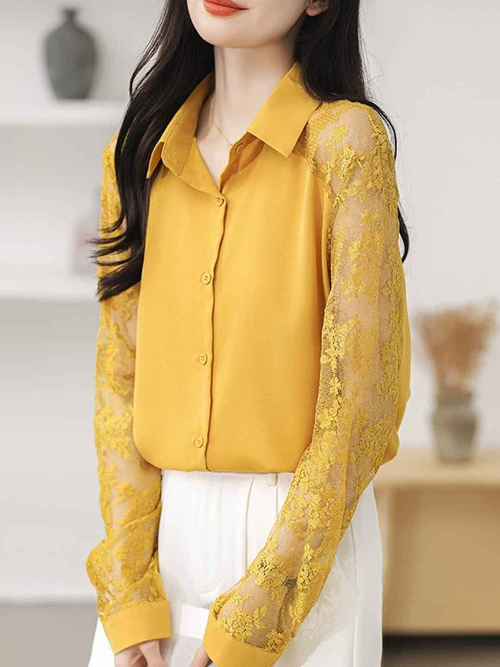 Lace Loose Lapel Chiffon Shirt - Red
