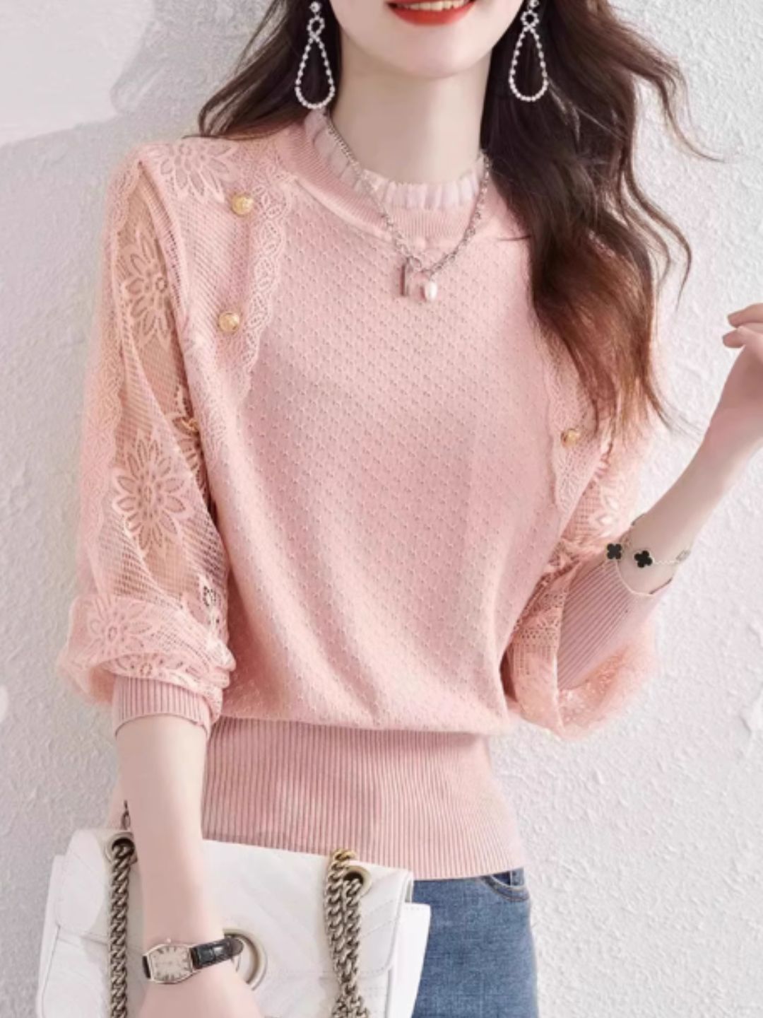 Chic Thin Lace Knitted Bottoming Sweater - Green