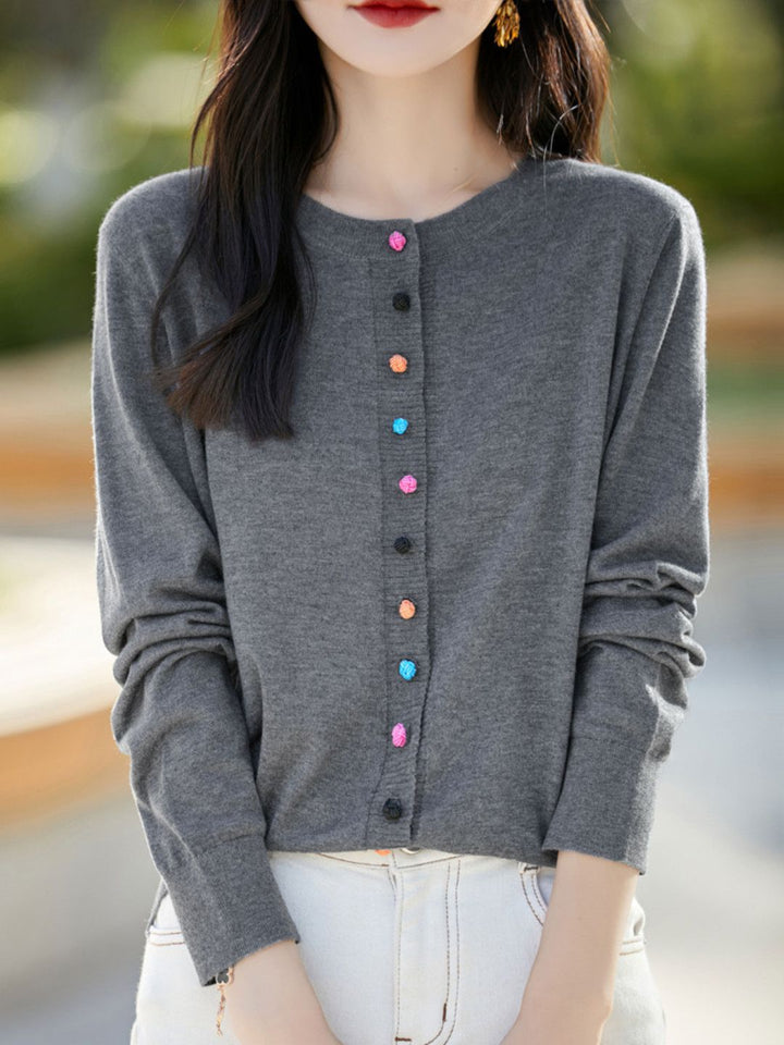 Classic Crew Neck Knit Cardigan -Grey