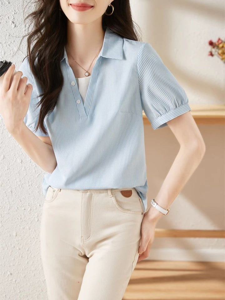 Striped Short-sleeved Lapel Shirt