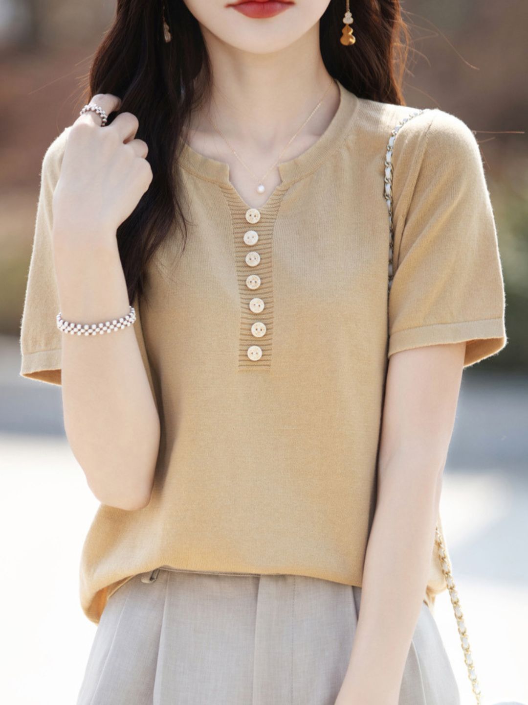 V-Neck Solid Color Loose Top - Pink