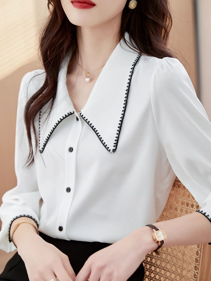 Lapel Chiffon Shirt - Black